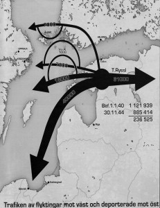Karta över flyktingströmmarna från Estland 1944. 